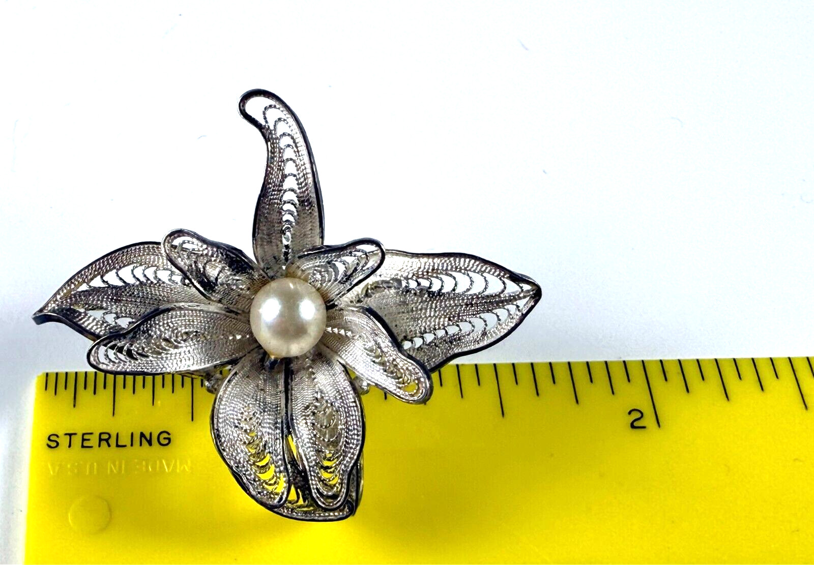 VINTAGE SILVER FILIGREE PEARL FLOWER BROOCH PIN – 1 5/8 INCHES