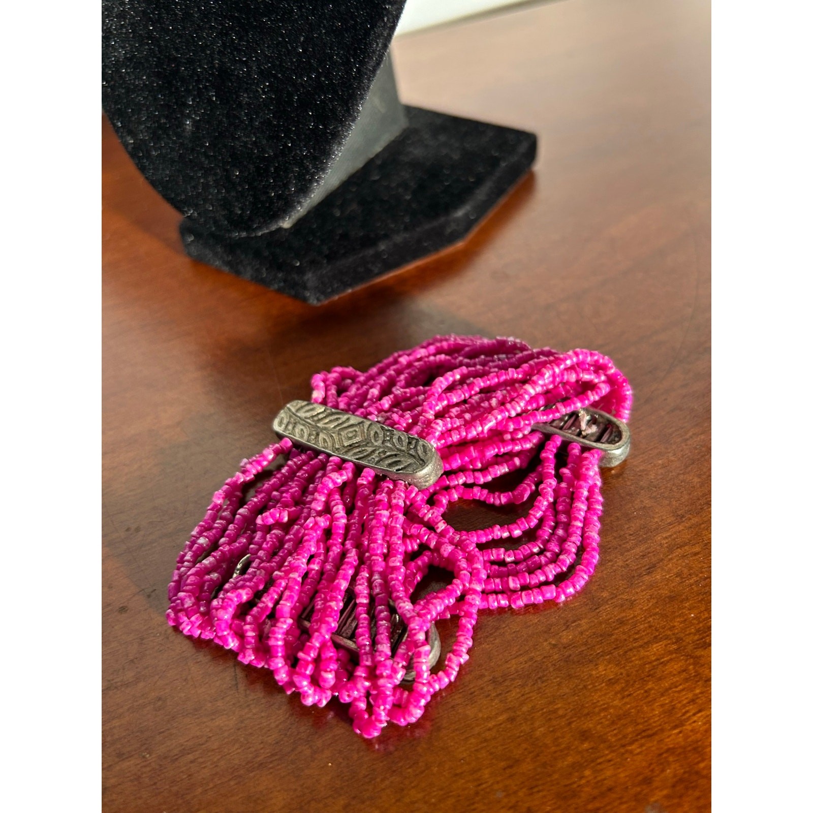 Vintage 36″ Pink Multi Strand Necklace & Stretch Bracelet Set Metal Accents