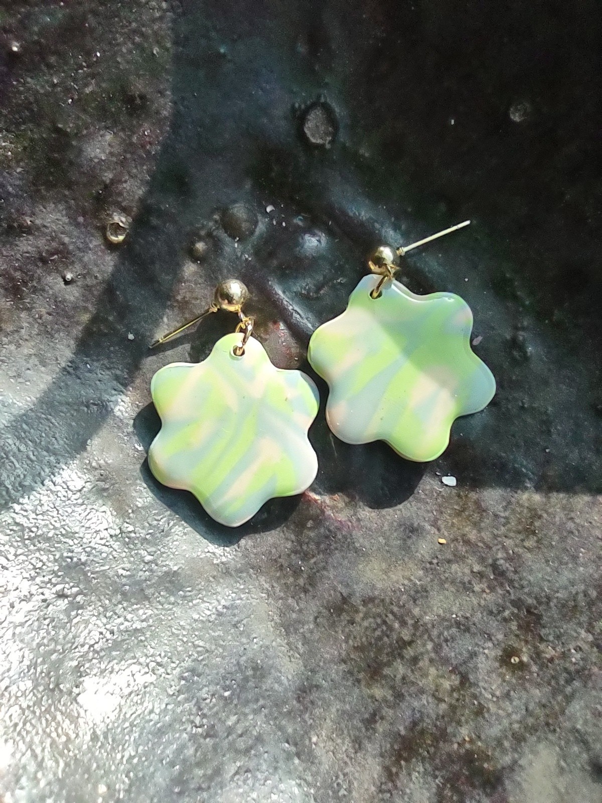 Bright Green, Peach And Blue Swirled Flower Polymer Clay Earrings