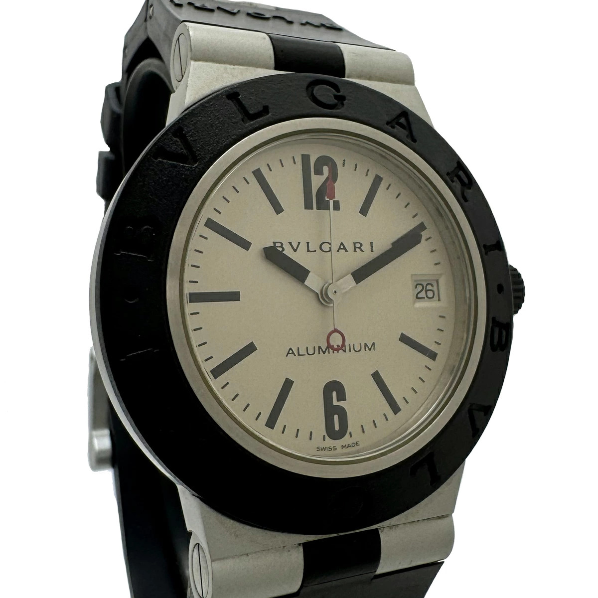 Bvlgari Aluminum AL38A Men’s Automatic Watch Date Round Dial Black Rubber Band