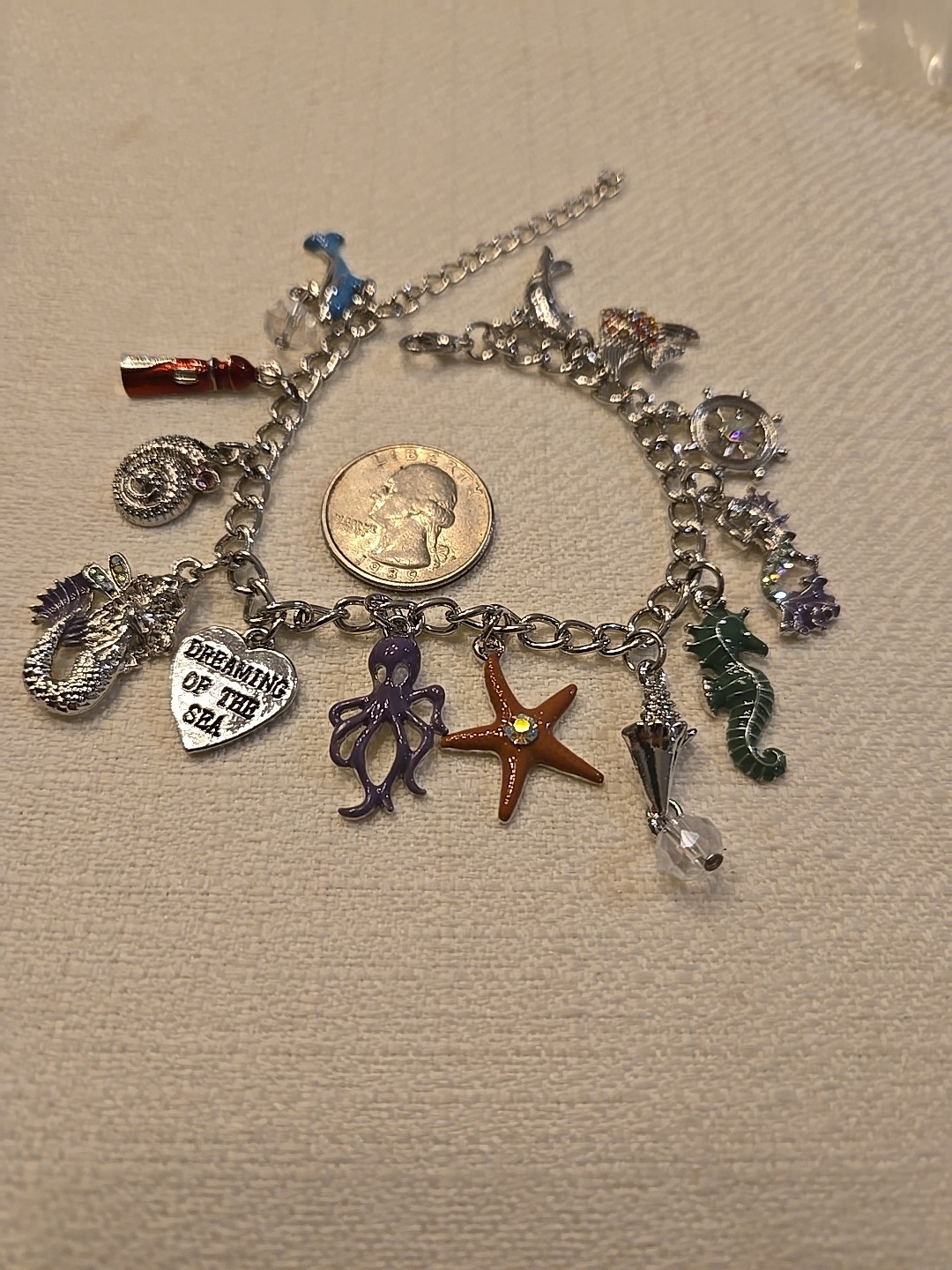 Sea Creatures Charm Bracelet 8″ L Beautiful Silver Tone, 2″extender-10″, Anklet