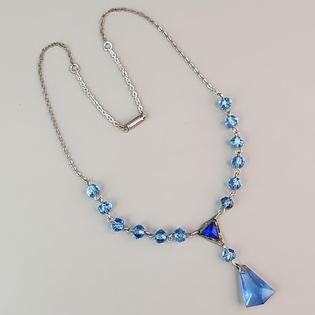 Vintage Art Deco Necklace Bracelet Set Blue Glass 16″