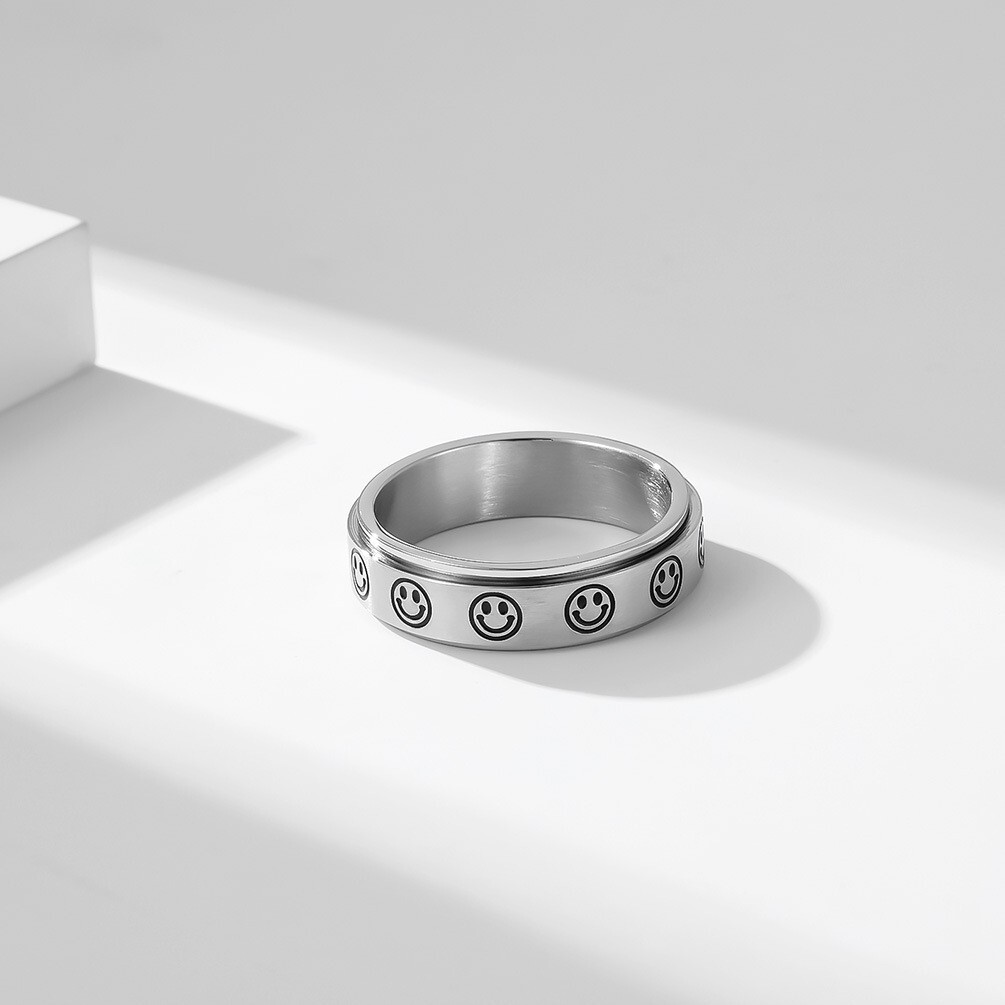 Smiley Face Anxiety Fidget Spinner Ring in Stainless Steel
