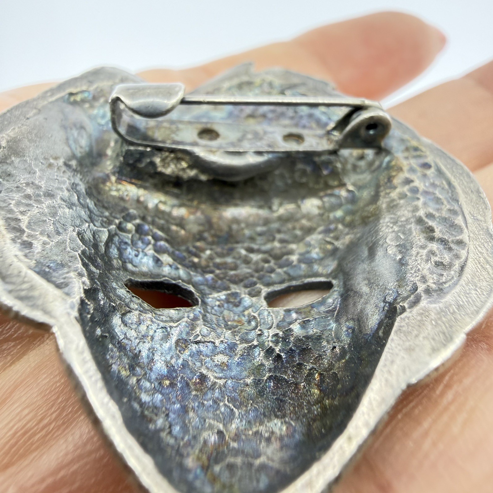 Rare Signed Placcato Ag Carnival Mask Pewter Vintage Rhinestone Brooch Pin