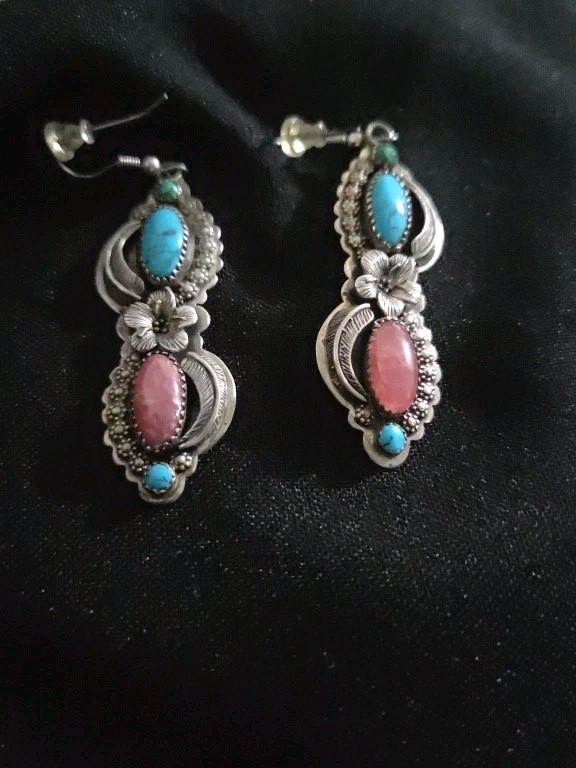 Vintage Navajo Sterling Silver Turquoise Rhodochrosite Earrings Linda Yazzie LY