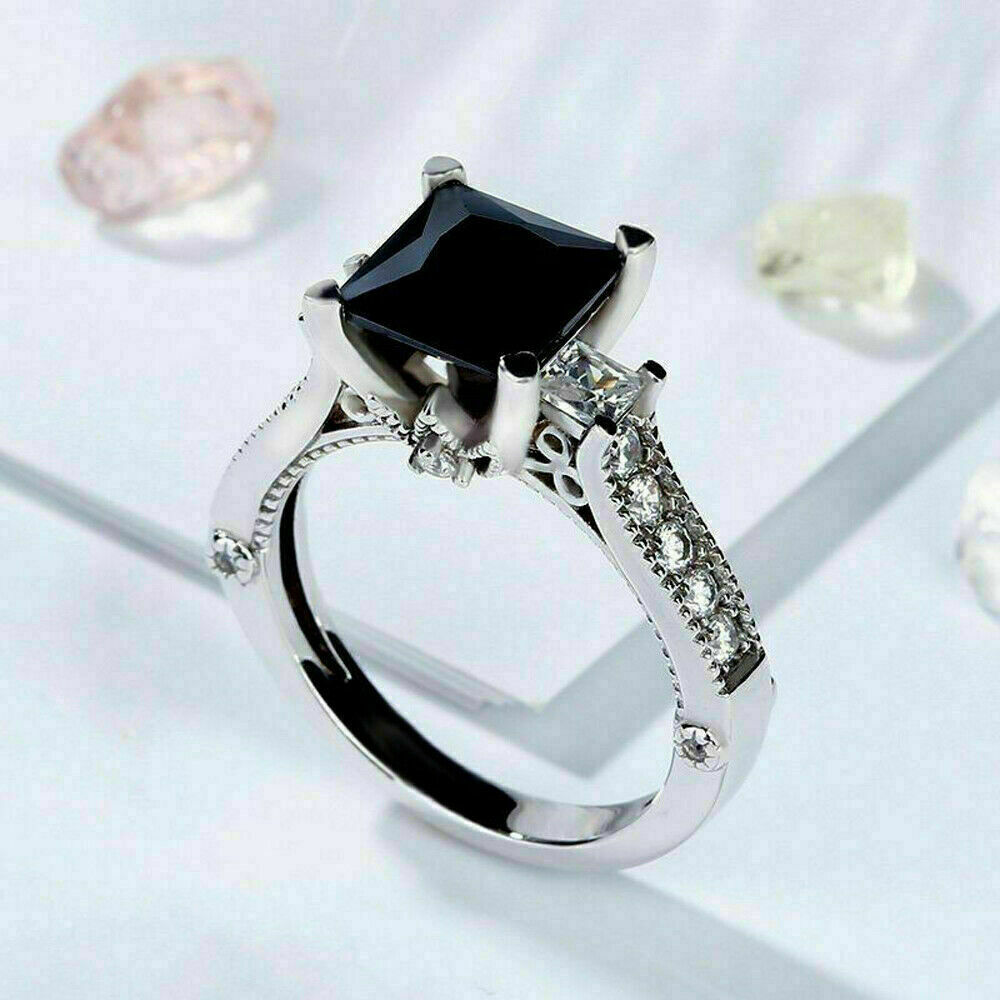 2.76Ct Princess Cut Black Diamond Simulated Engagement Ring in 14K White Gold