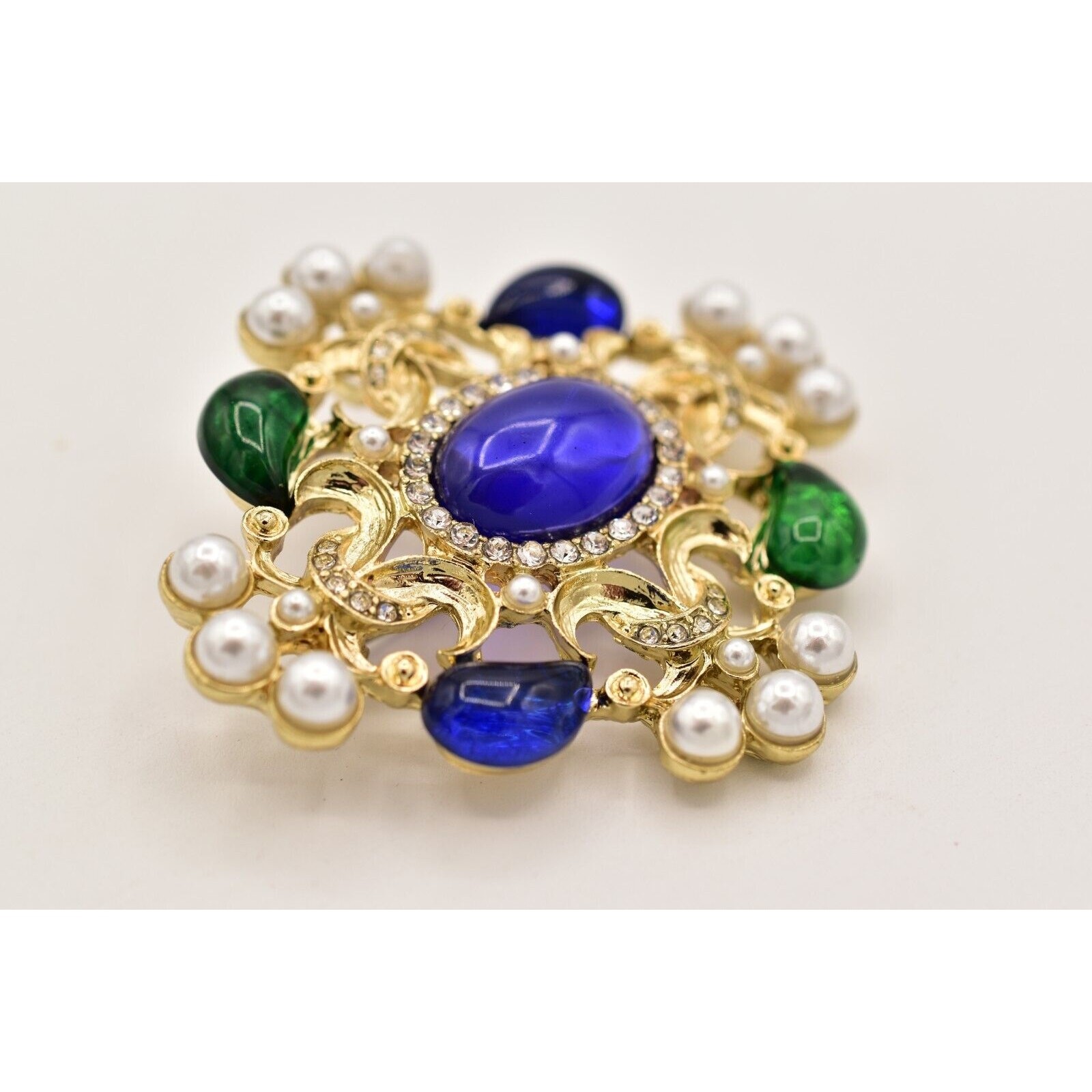 Vintage Cabochon Brooch Pin Faux Pearl White Blue Green Gold Chunky 1990s BinBG