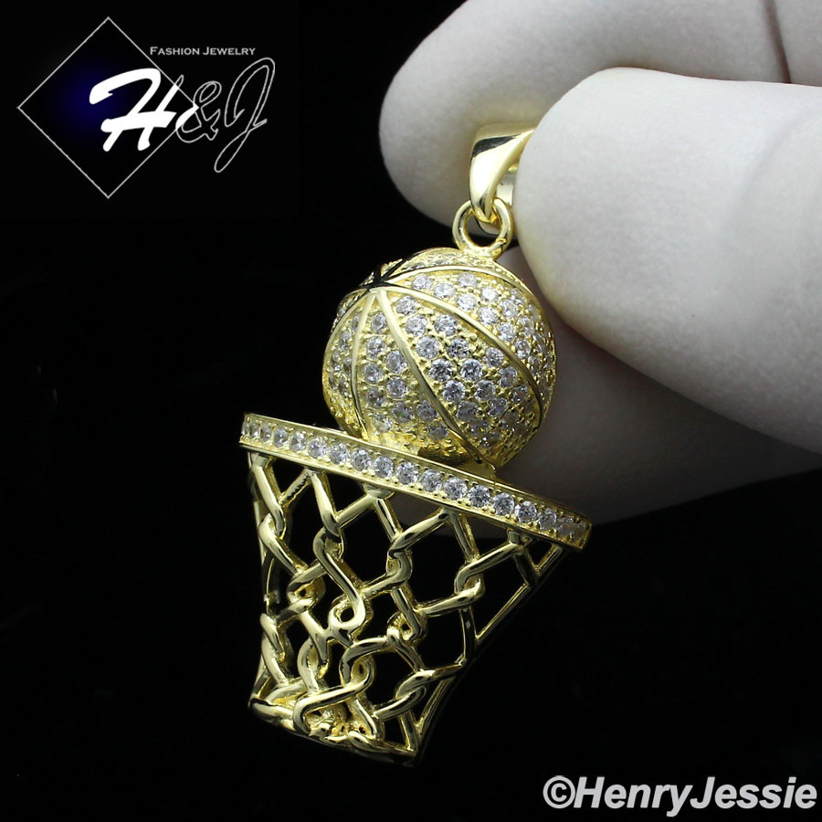 MEN 925 STERLING SILVER ICY BLING CZ GOLD PLATED 3D BASKETBALL PENDANT*GP198