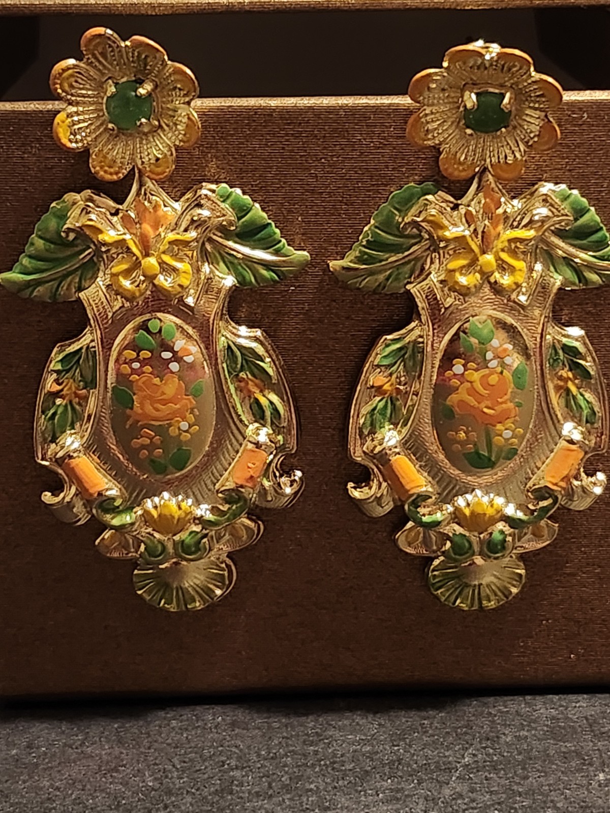 Vintage Zoe Coste Made In France Gold Tone Floral Motif Dangle Earrings