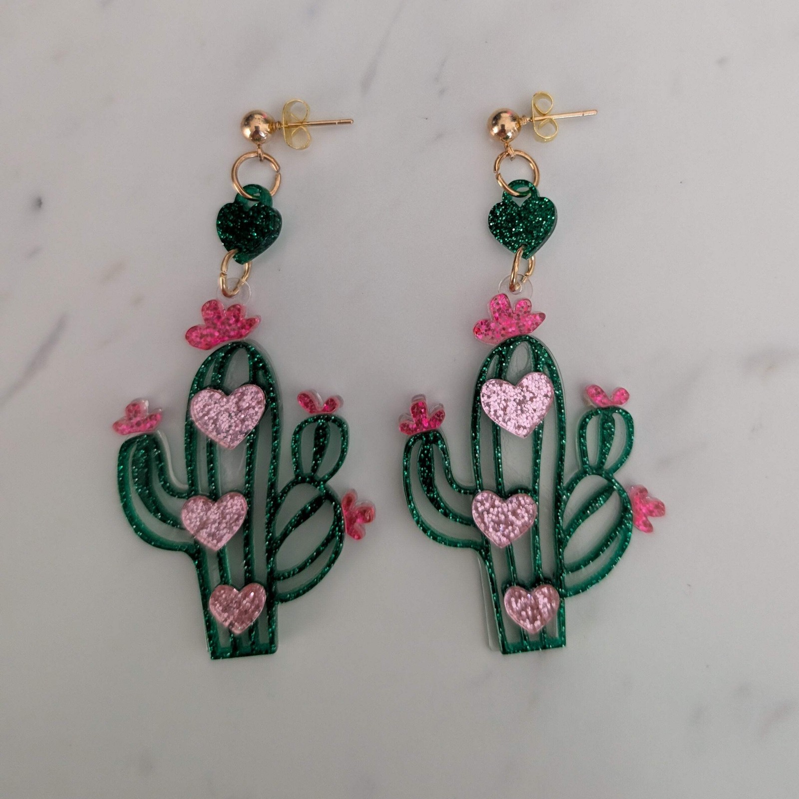 Glitter Heart Cactus Acrylic Dangle Earrings