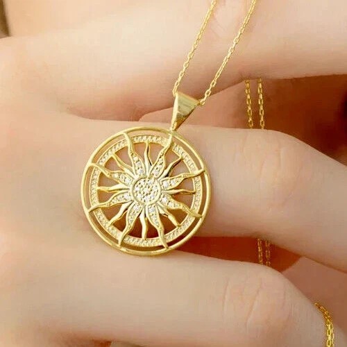 Sunburst Sun Pendant In 14K Yellow Gold Plated 1Ct Round Cut Simulated Diamond
