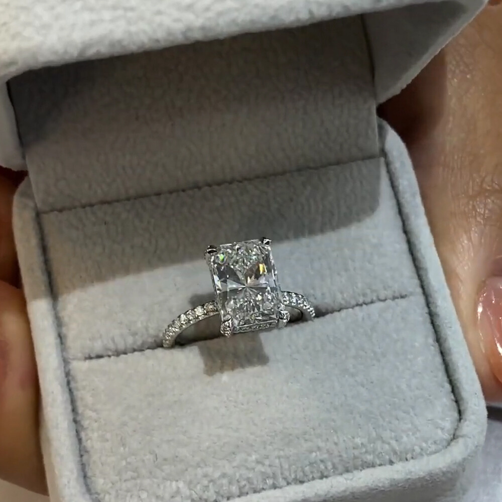2.25Ctw Radiant Cut Moissanite Pave Set Engagement Ring In 14k White Gold Plated