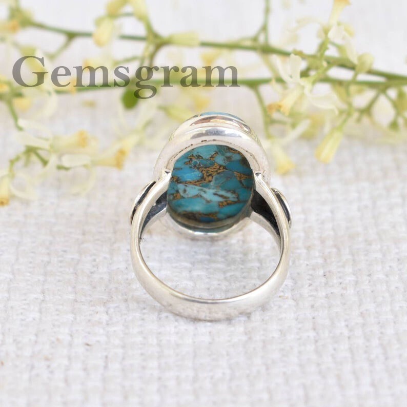 925 Sterling Silver Blue Copper Turquoise Oval Shape Handmade GENUINE Ring