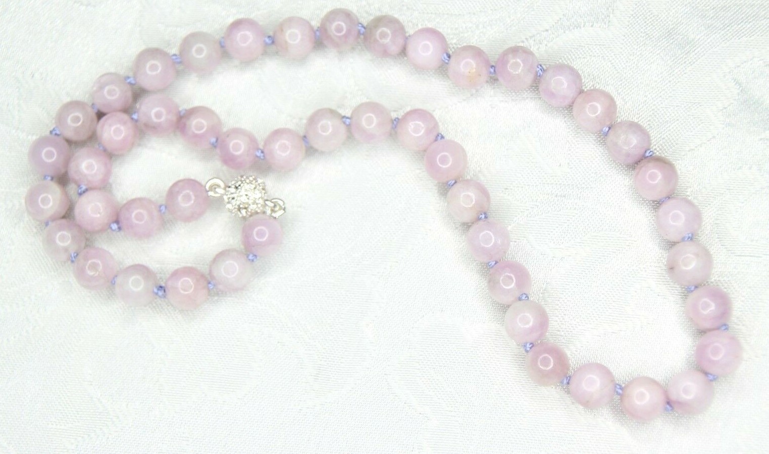 Kunzite Purple Gemstone 18″ Hand Tied Silk Knotted Necklace Rhinestone Clasp