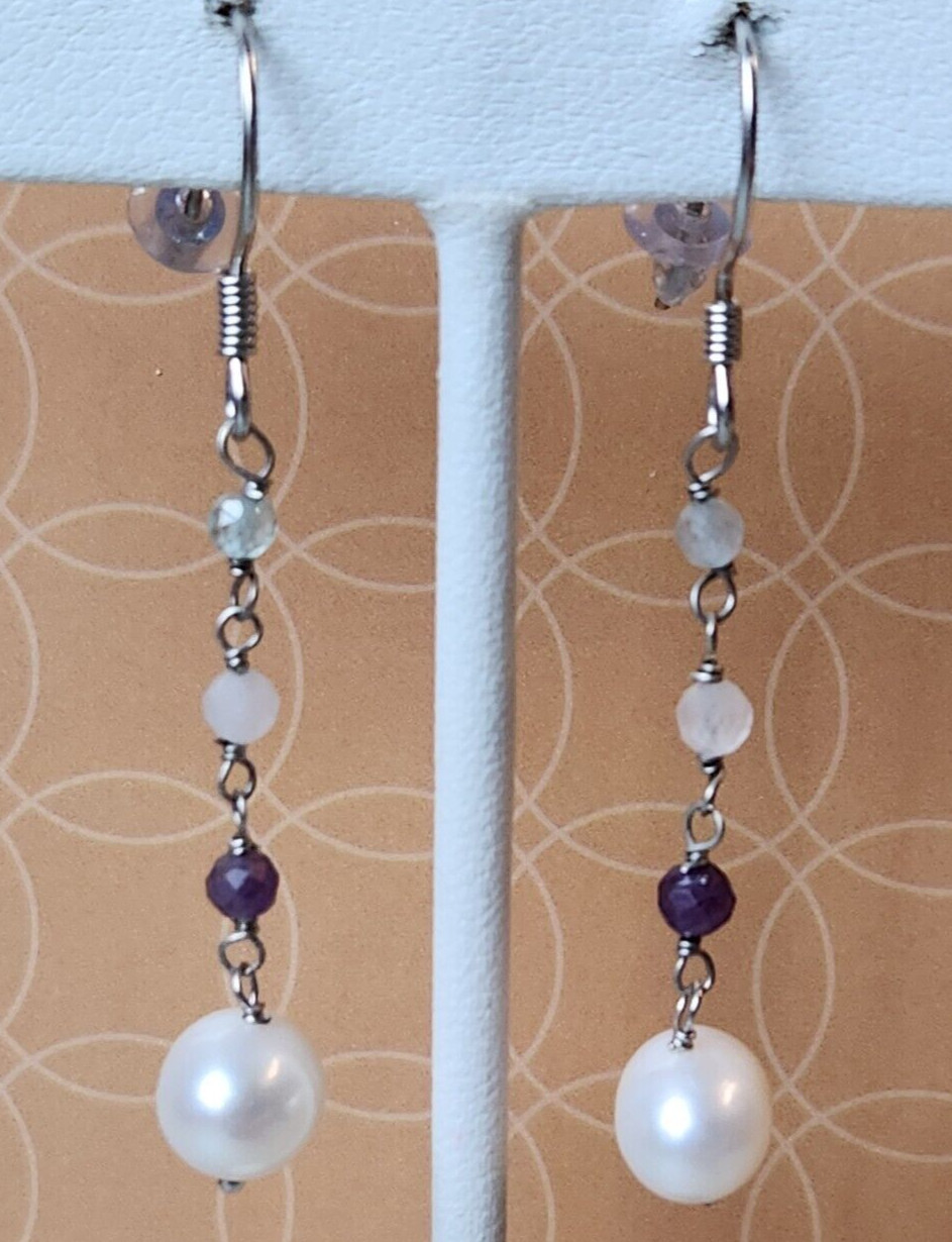 Freshwater Pearl Amethyst Apatite Quartz Drop Dangle Earrings in Sterling Silver