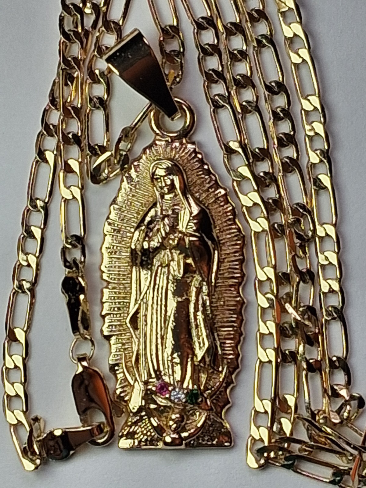 Virgin of Guadalupe Pendant & 25.5″ Figaro Link Chain, Yellow-Gold Plated