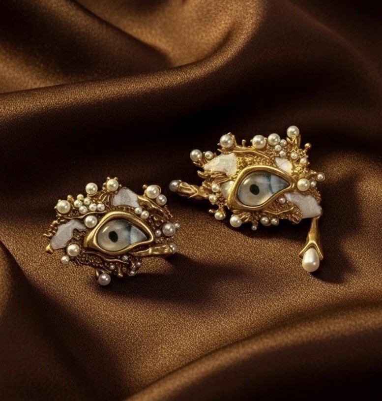 Pearl Baroque Evil Eye Earrings Museum Gold Devil Revival Mismatch Art VTG Stud