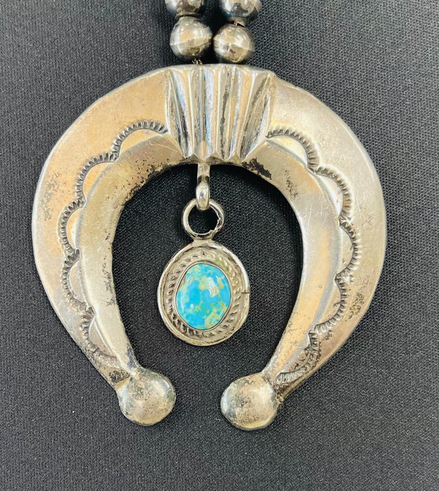 Vintage Navajo Sterling Silver Squash Blossom With Turquoise Drop Pendant 114g