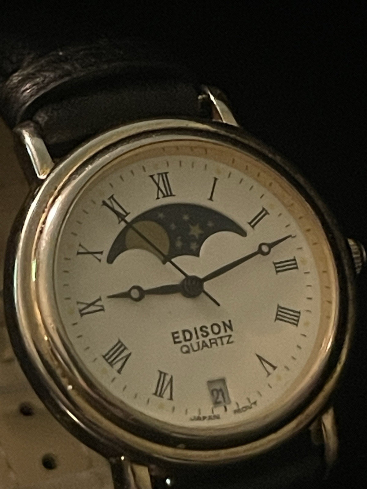 Vintage Edison Quartz Moon Phase Date Dress Watch Roman Dial Japan Movement Runs