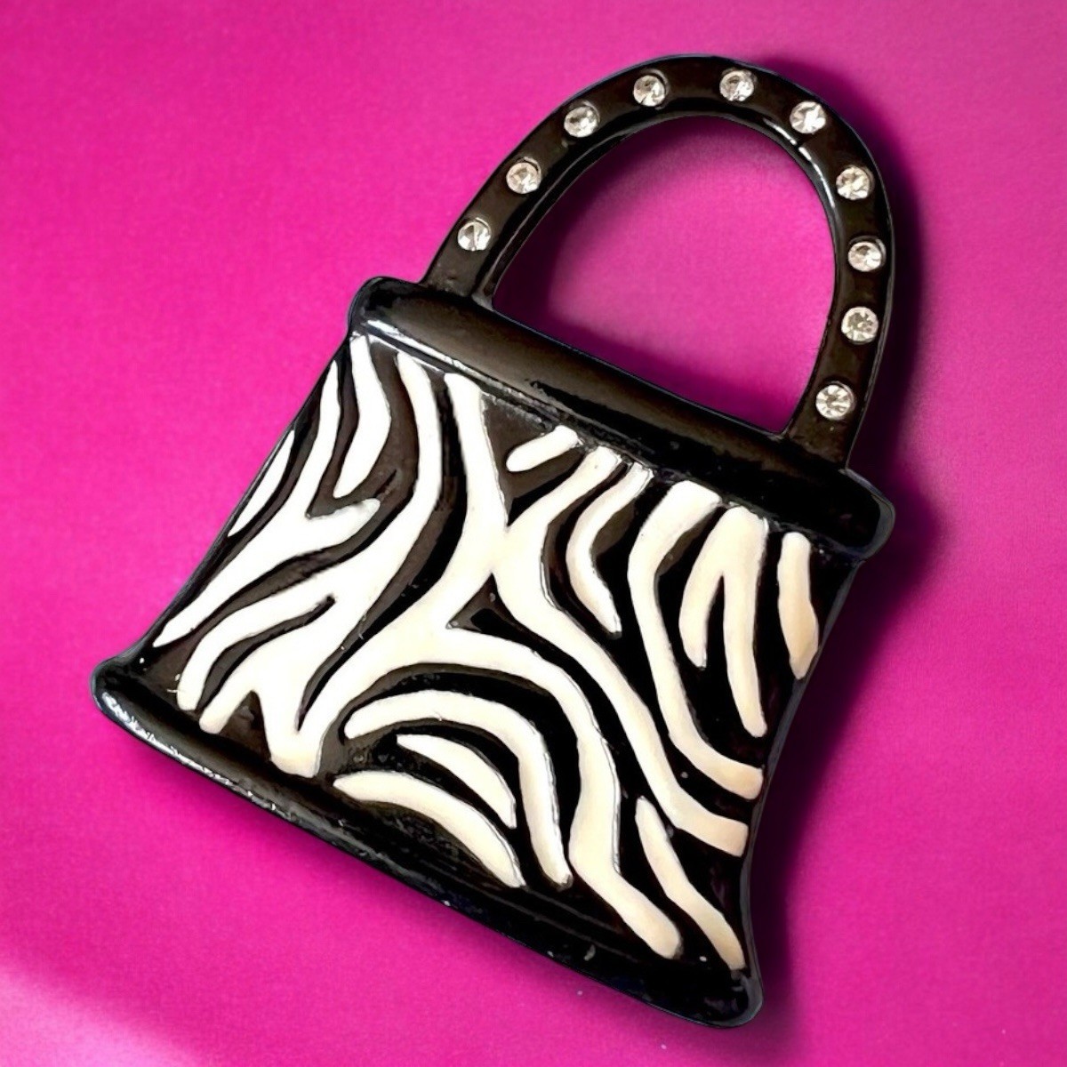 Y2K Zebra Purse Brooch Rhinestone Bag Pin AJMC Statement Animal Print Vintage
