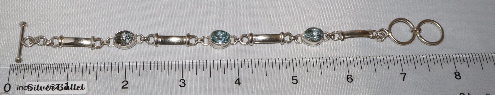 Vintage Sterling Silver Blue Topaz? Bar Link Toggle Clasp Bracelet 12 grams 8 in