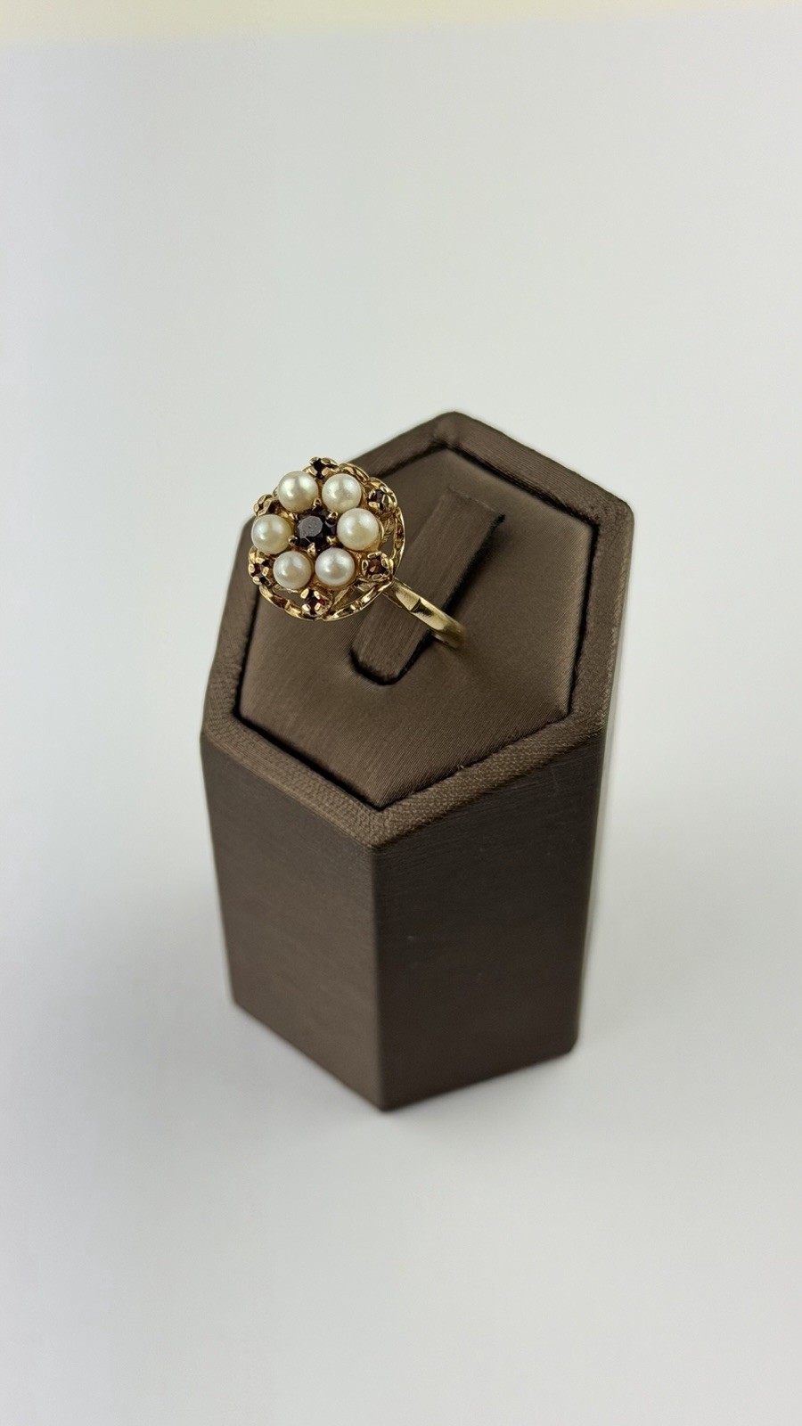 Pearl And Garnet 9ct Gold Ring , Vintage And Hallmarked Yellow Gold