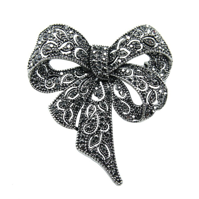 Vintage Black Color Rhinestone Bow Brooches for Women Large Bowknot Brooch Pin