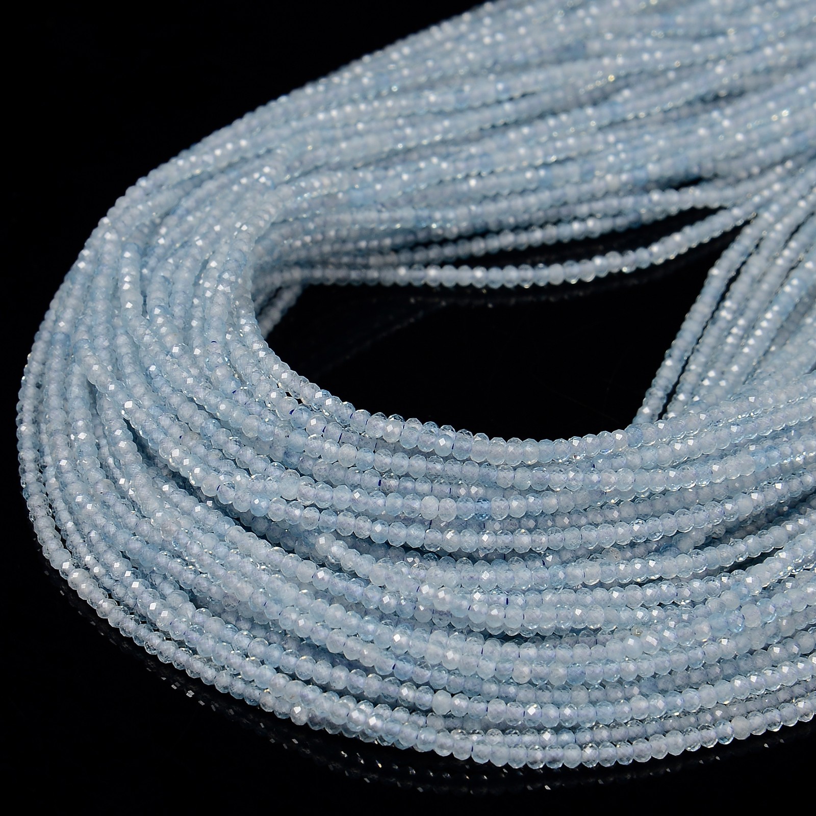 Natural Aquamarine Faceted Rondelle Beads Size 1.5x2mm 15.5” Strand
