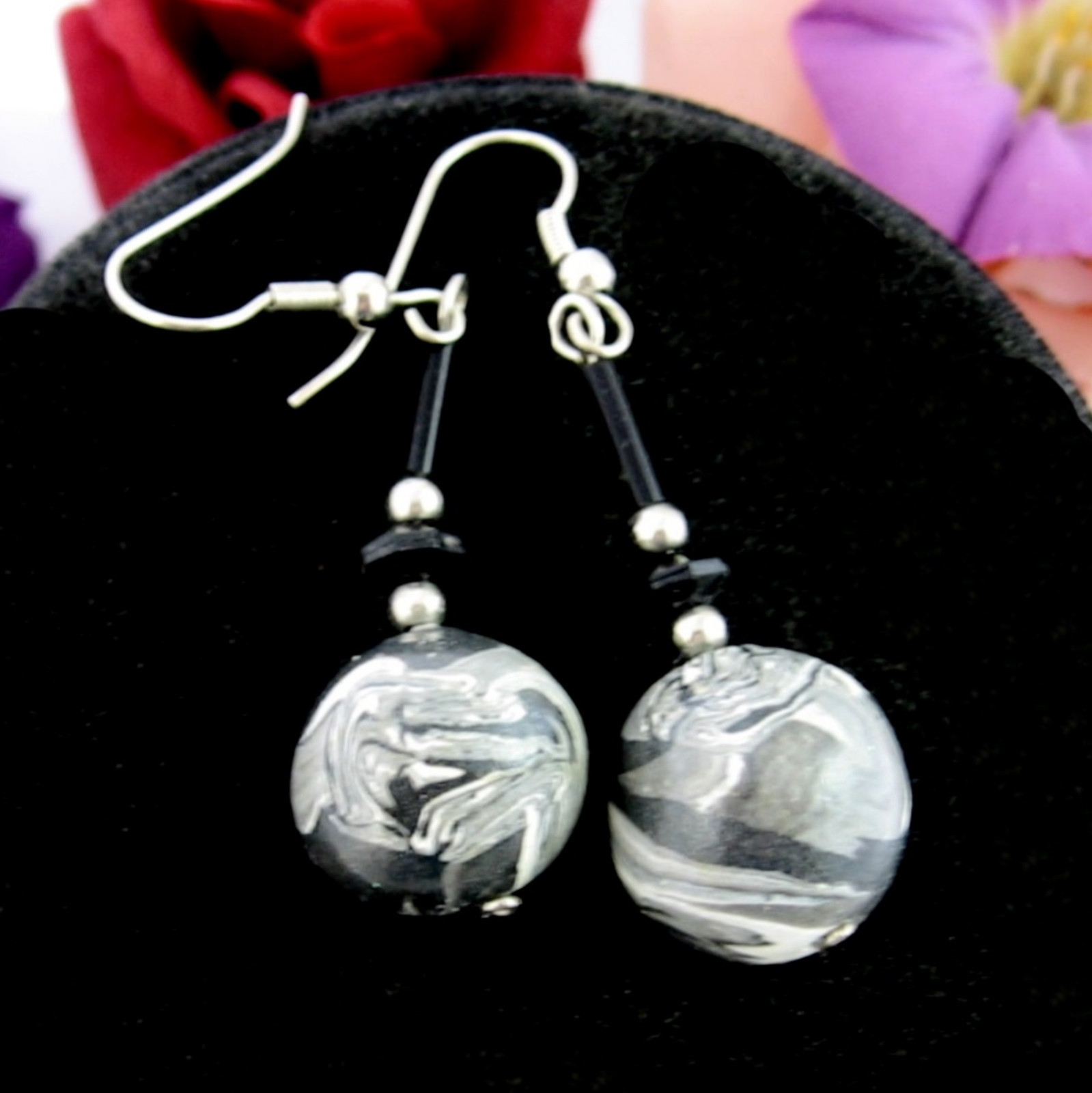 EARRINGS Vintage Pierced GRAY White BLACK MARBLED Beads Handmade Dangle Wires