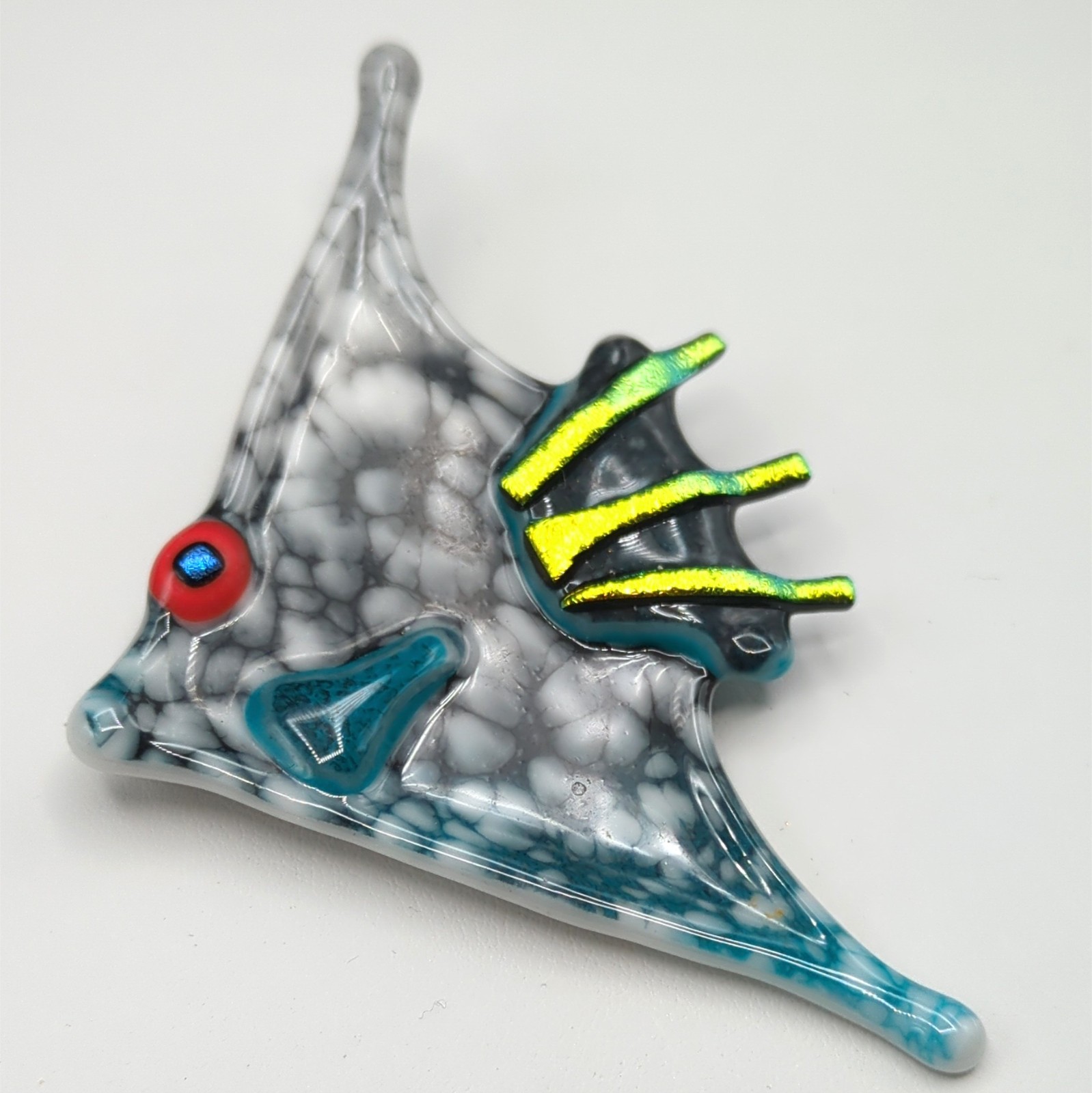Fashion Brooch Pin Angelfish Fish Sea Creature Blue Gray Red Iridescent Green