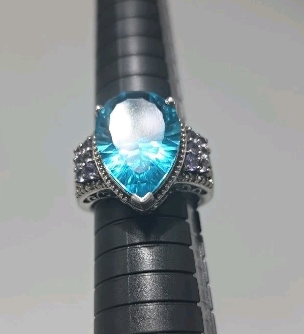 Vintage 925 Sterling Silver Statement Ring w/ Large Blue Topaz Sz 9 Cocktail