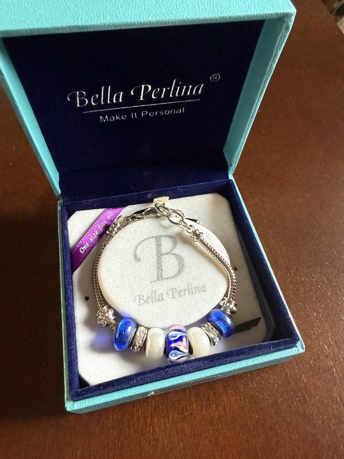Bella Perlina Blue & Pearl White Color Bead Bracelet in Box- never worn new box