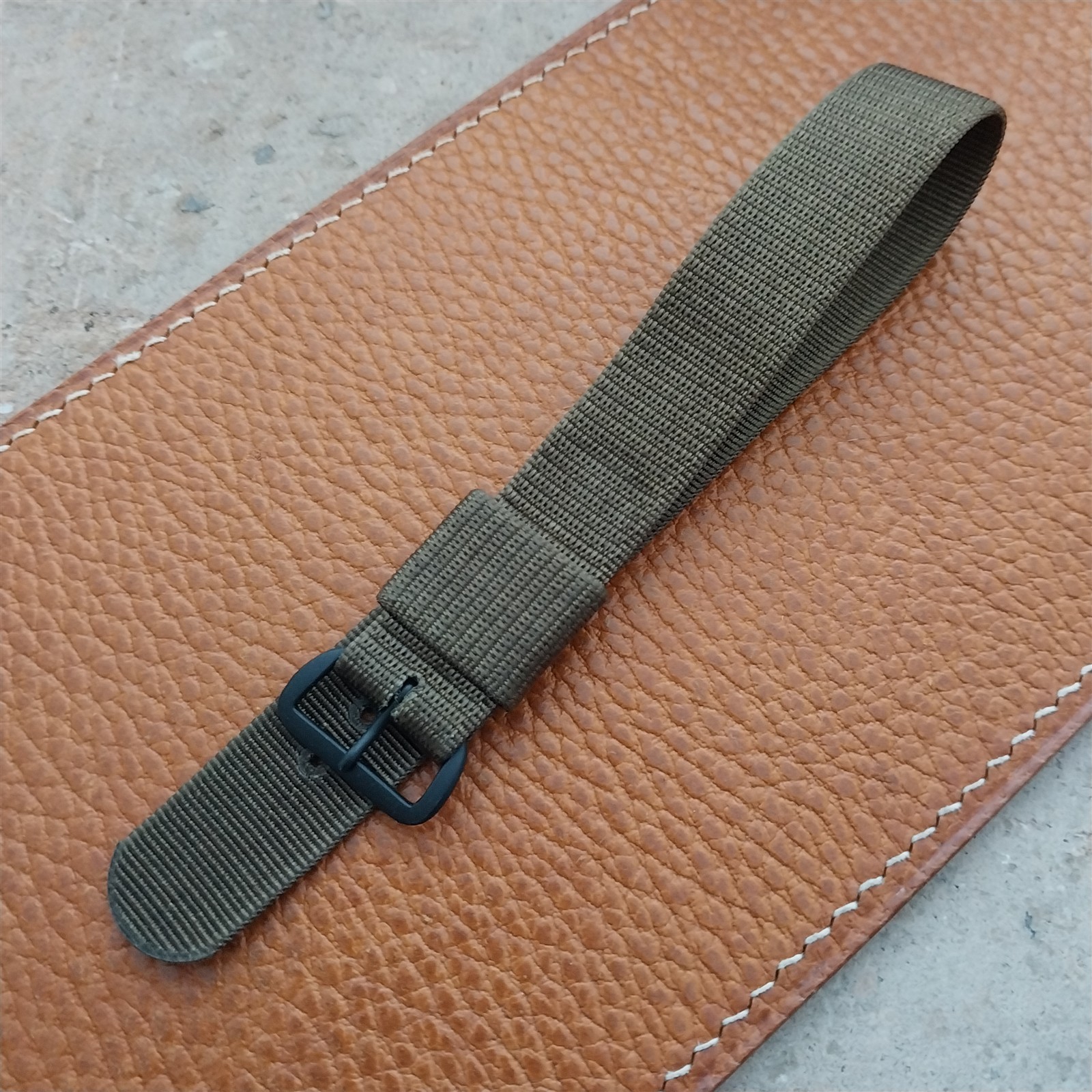 Vintage 16mm Army Green Nylon Military Single Pass Watch Band & Black Buckle