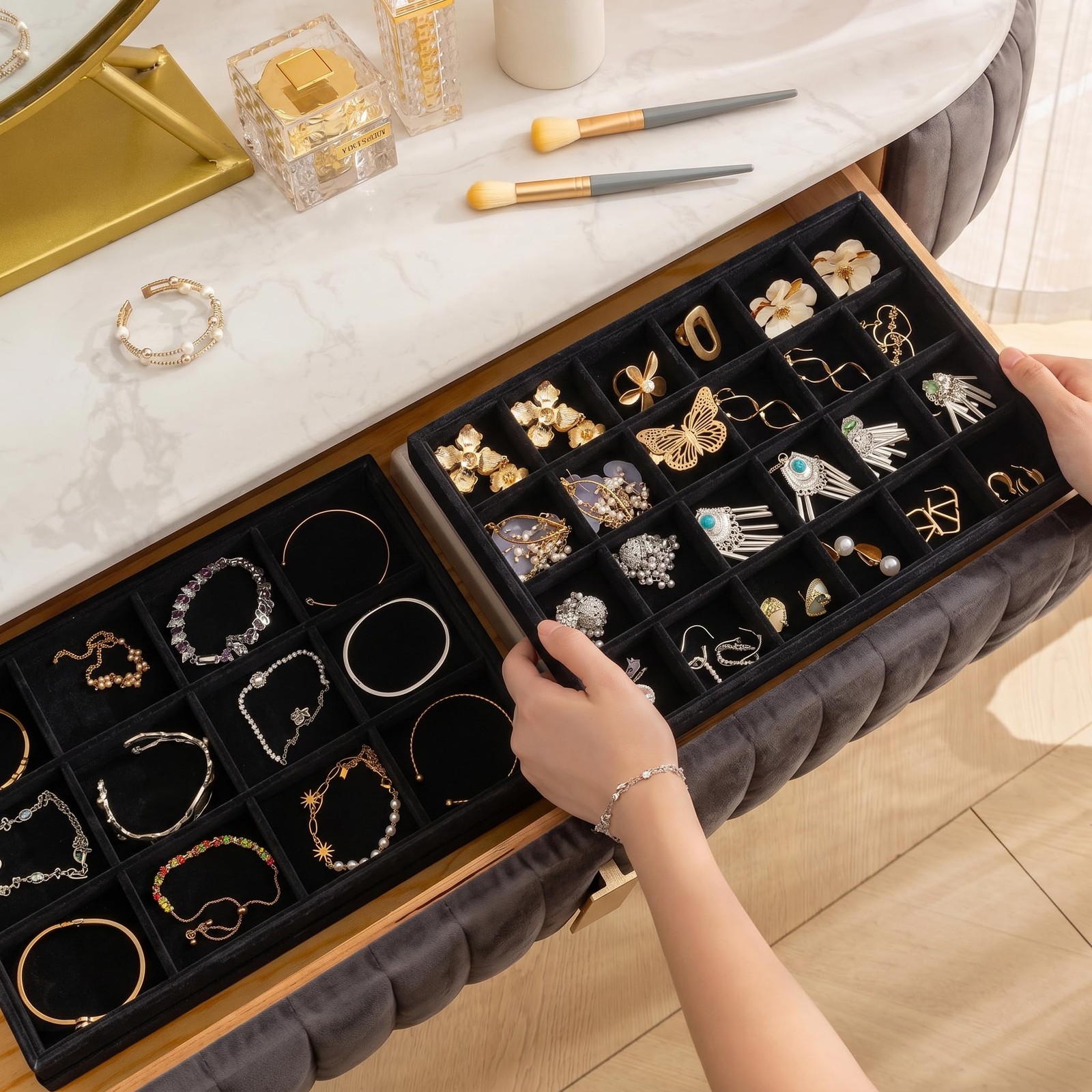 Frebeauty Jewelry Trays for Drawer,Set of 2 Organizer Set 2, Black