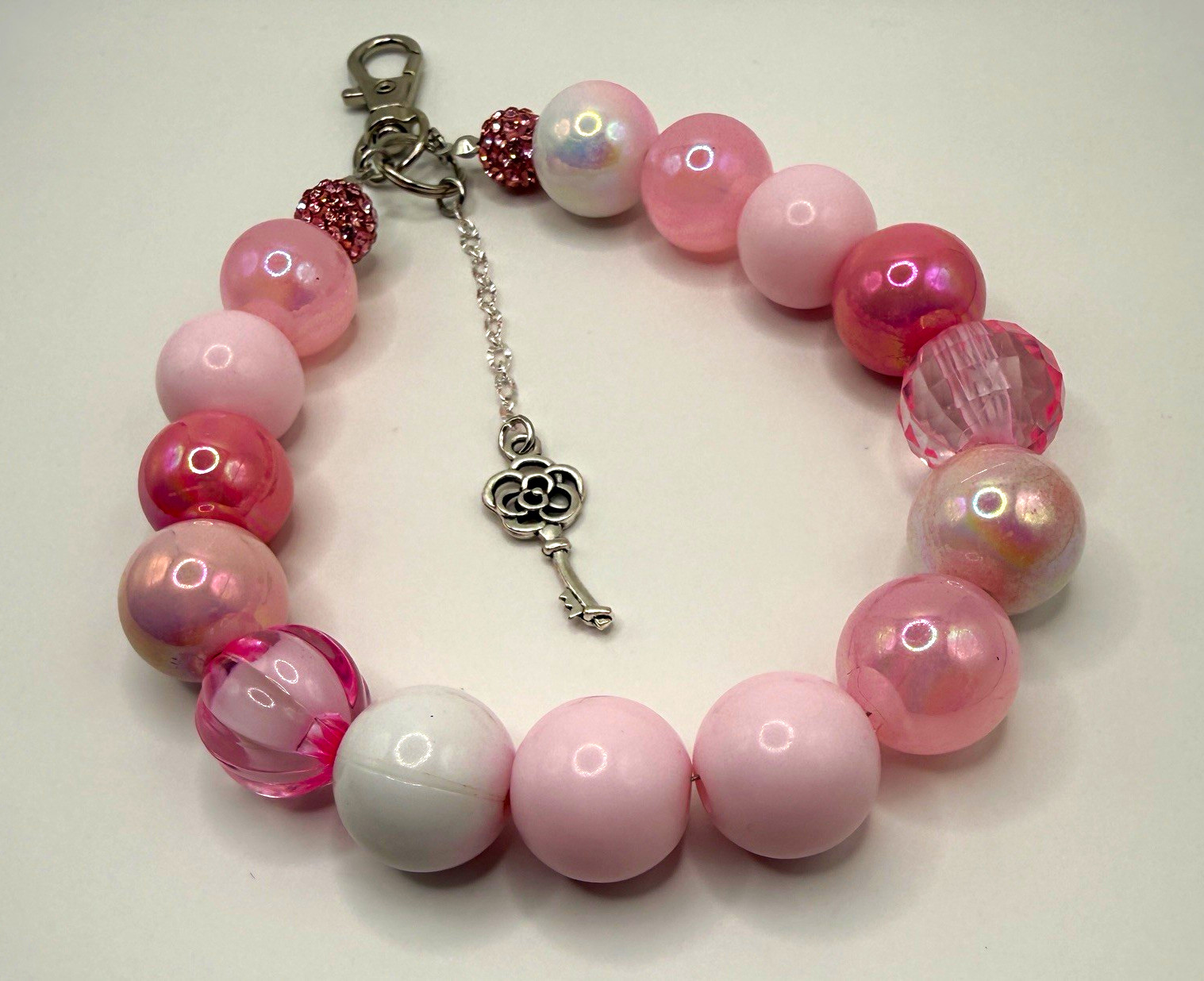 Pink Beaded phone Charm wristlet Love Theme Key Dangle Charm