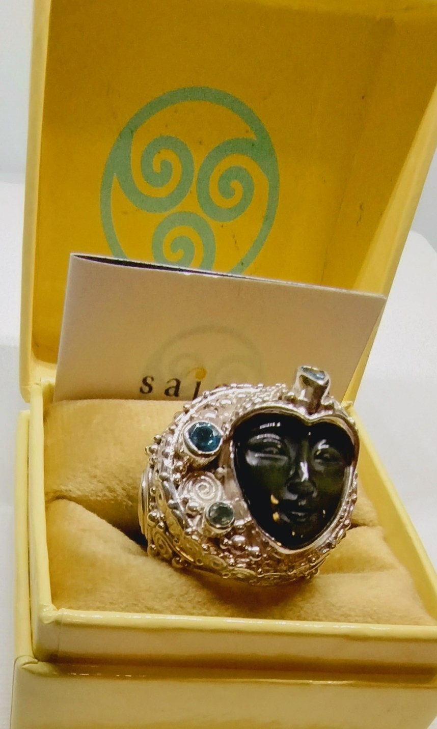 Sajen Rainbow Obsidian Carved Goddess MultiGemstone Sz6 Ring 925 Silver 8.00ctw