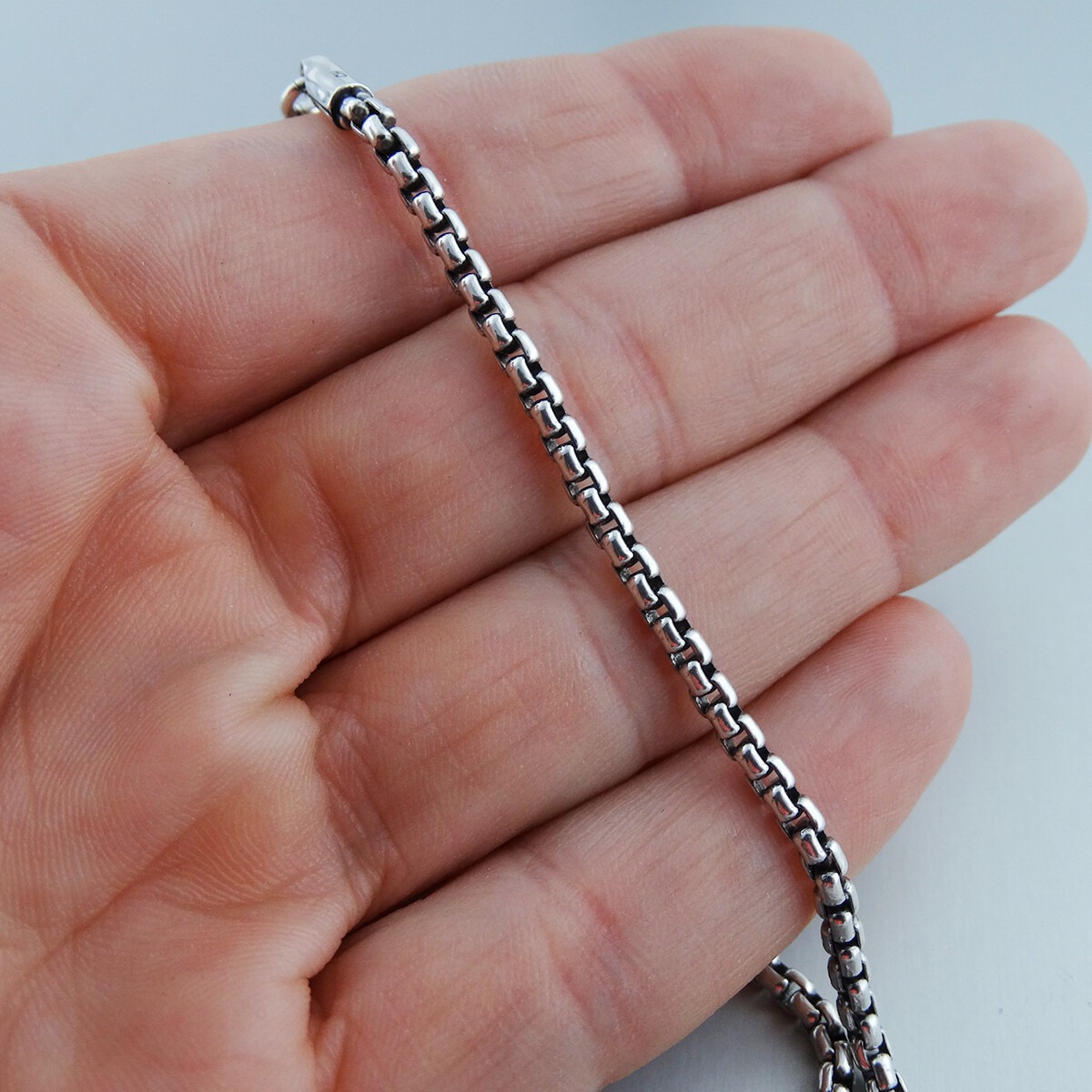 2.5mm Oxidized Round Box Chain – 925 Sterling Silver – Antiqued Darkened Mens