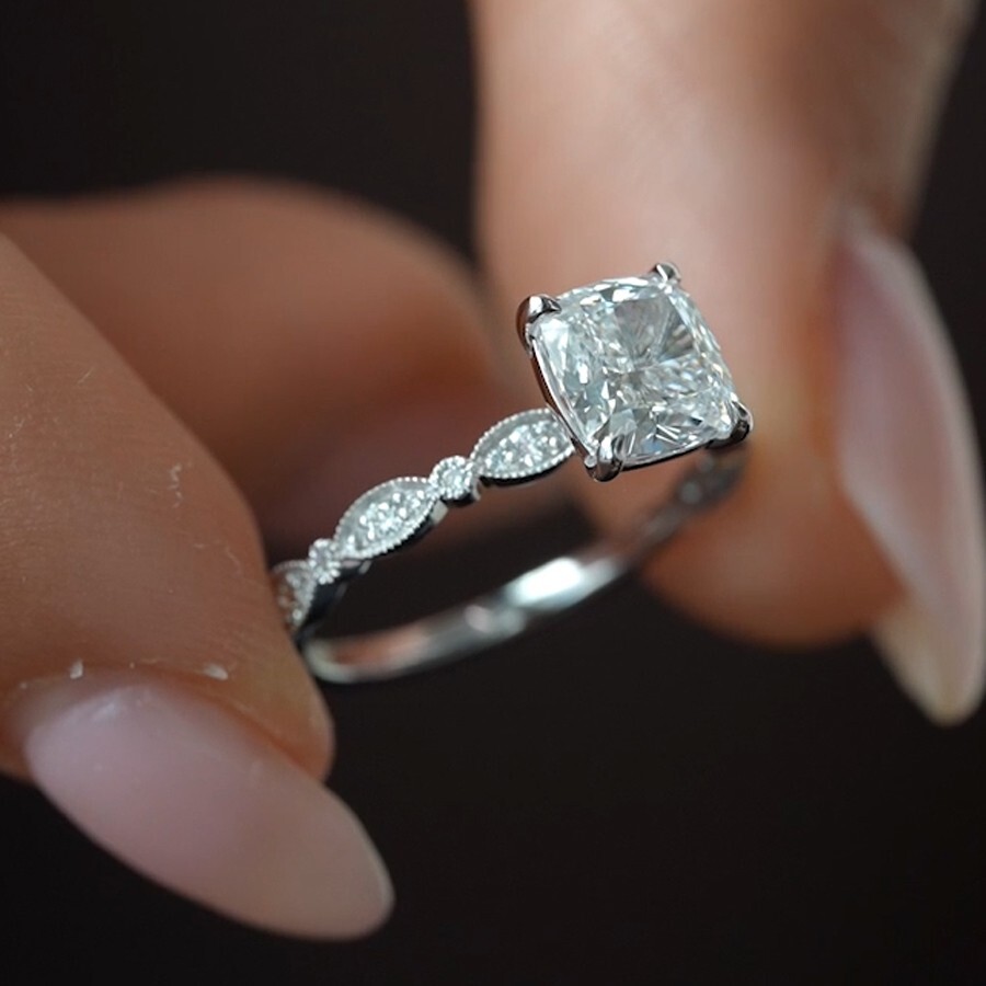2.09 TCW Cushion Cut Moissanite Milgrain Engagement Ring 14k White Gold Plated