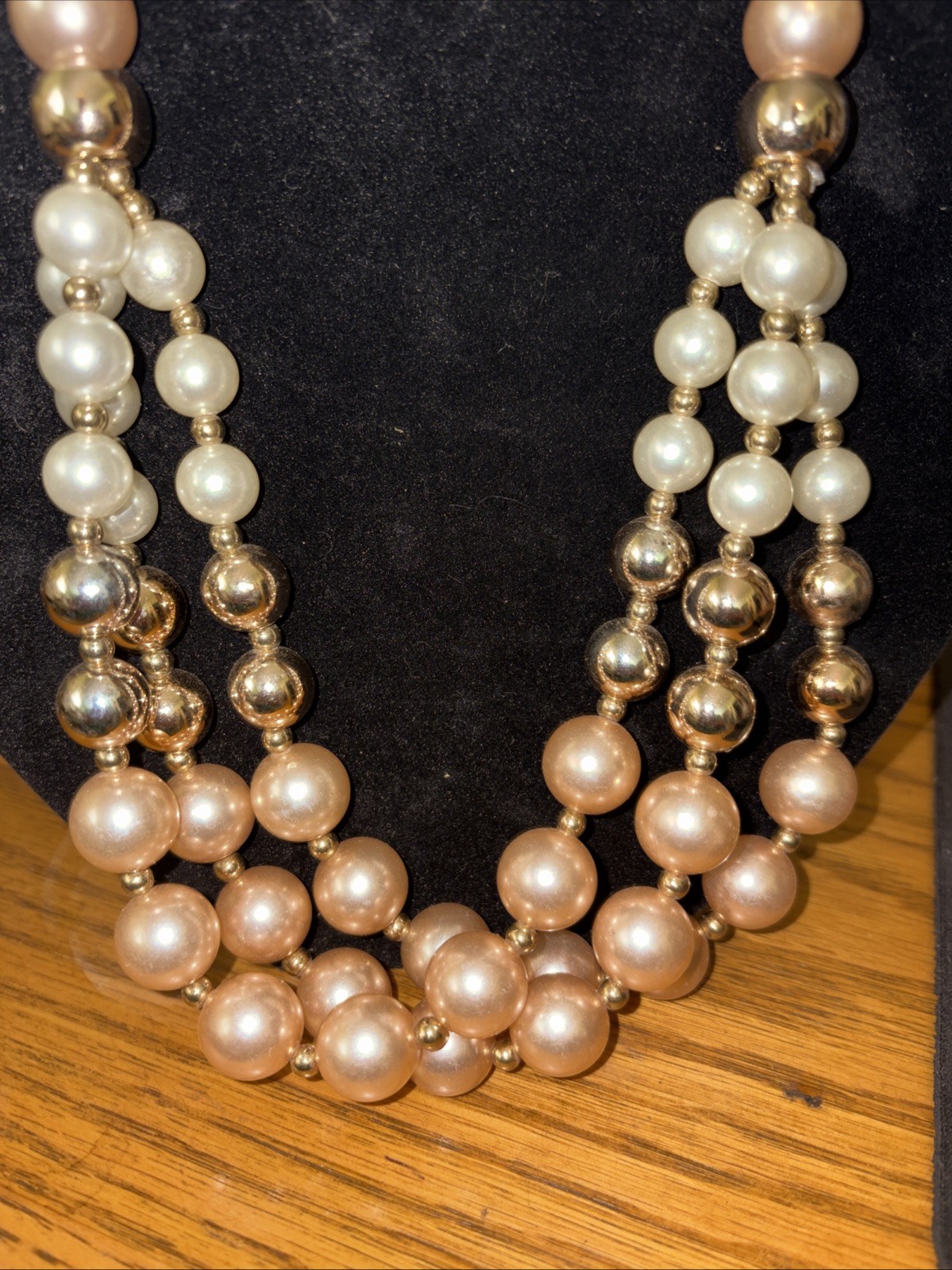 vintage pink champagne&cream faux pearls,multi strand.gold tone accented beads