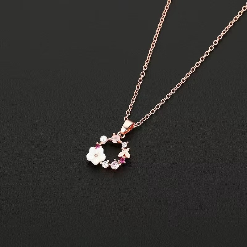 Rose Gold Flower Necklace Earrings Ring Jewelry Set – Zircon Party Accessories