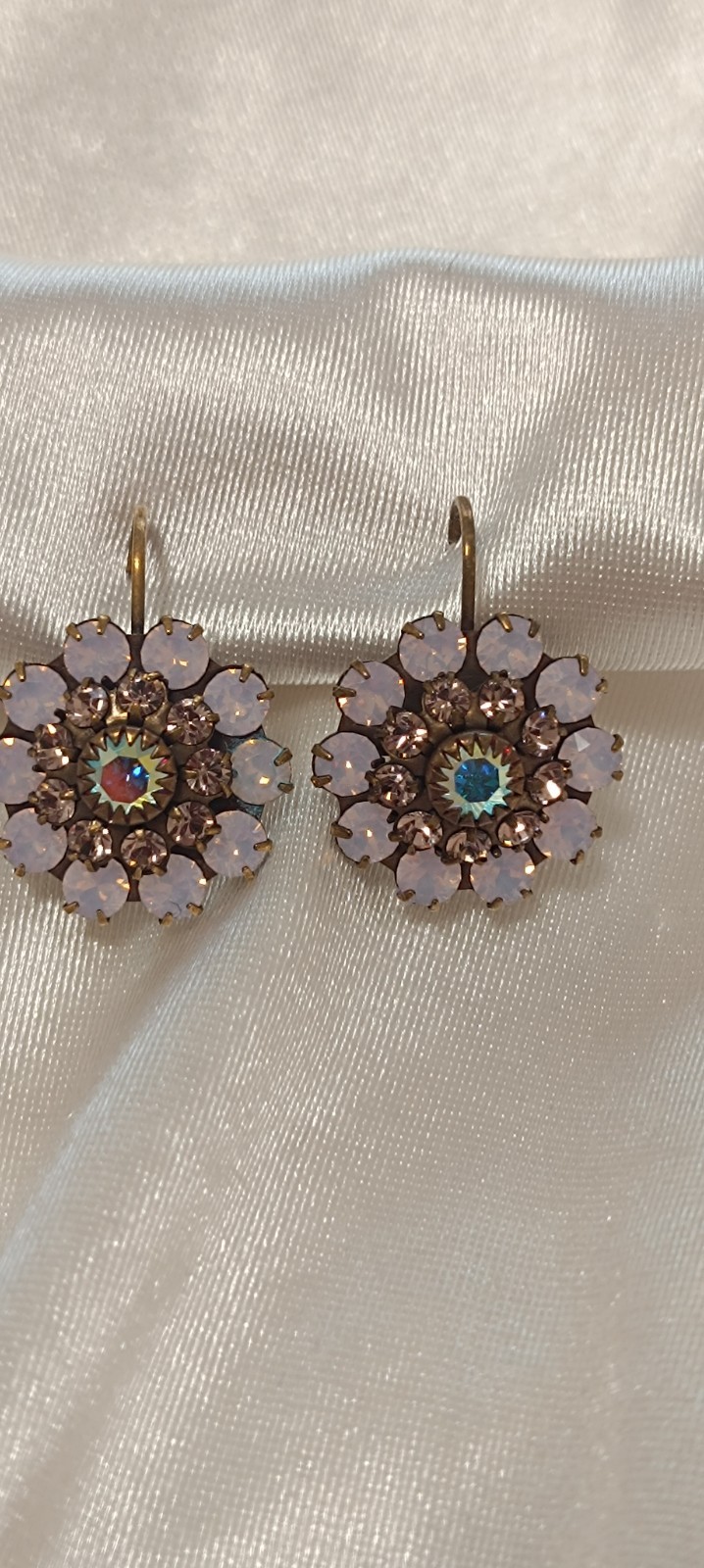 Vintage Liz Palacios San Francisco Antiqued Brass Swarovski Crystal Flower Earri