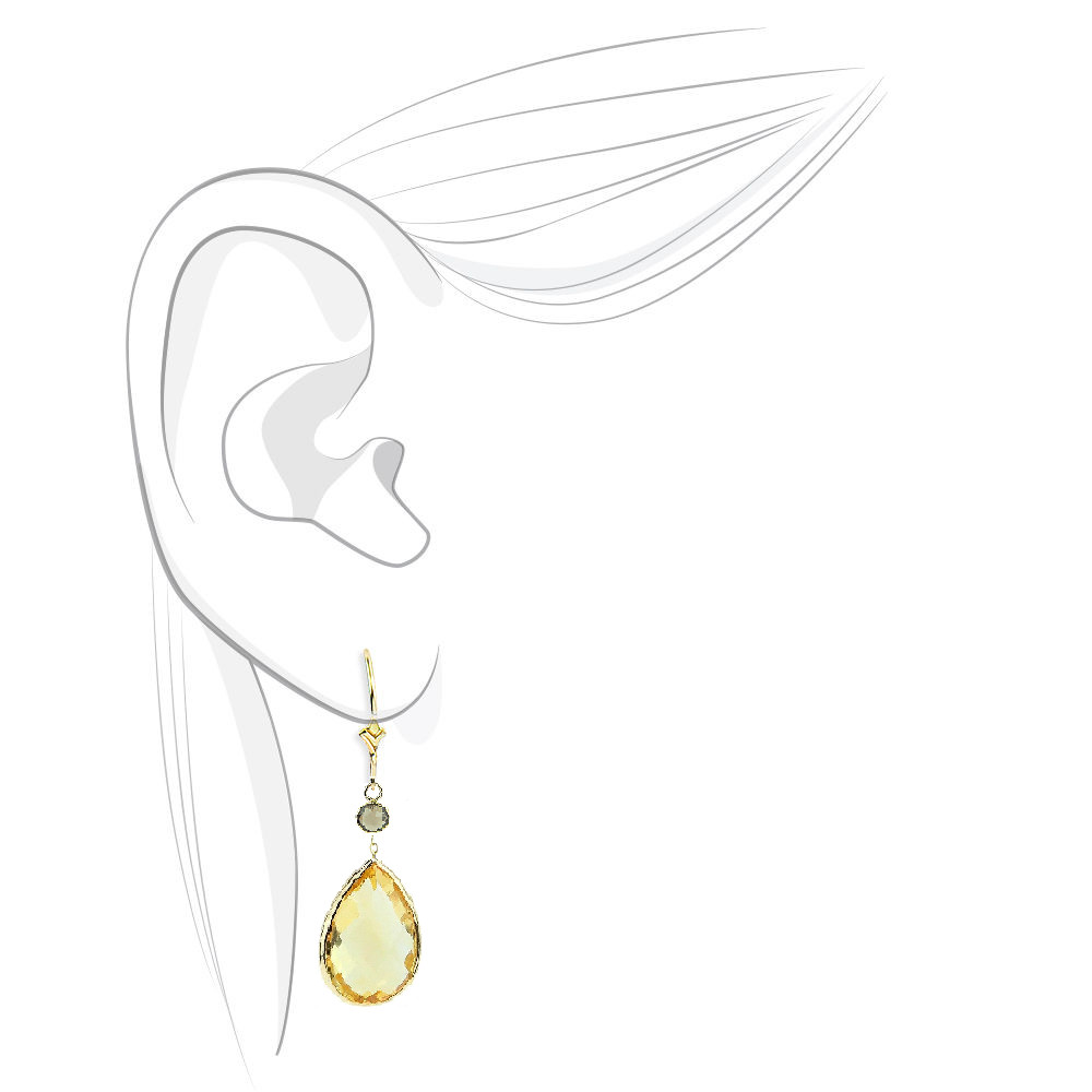 14K Yellow Gold Earrings with Pear Shape Citrine and Round Smoky Topaz
