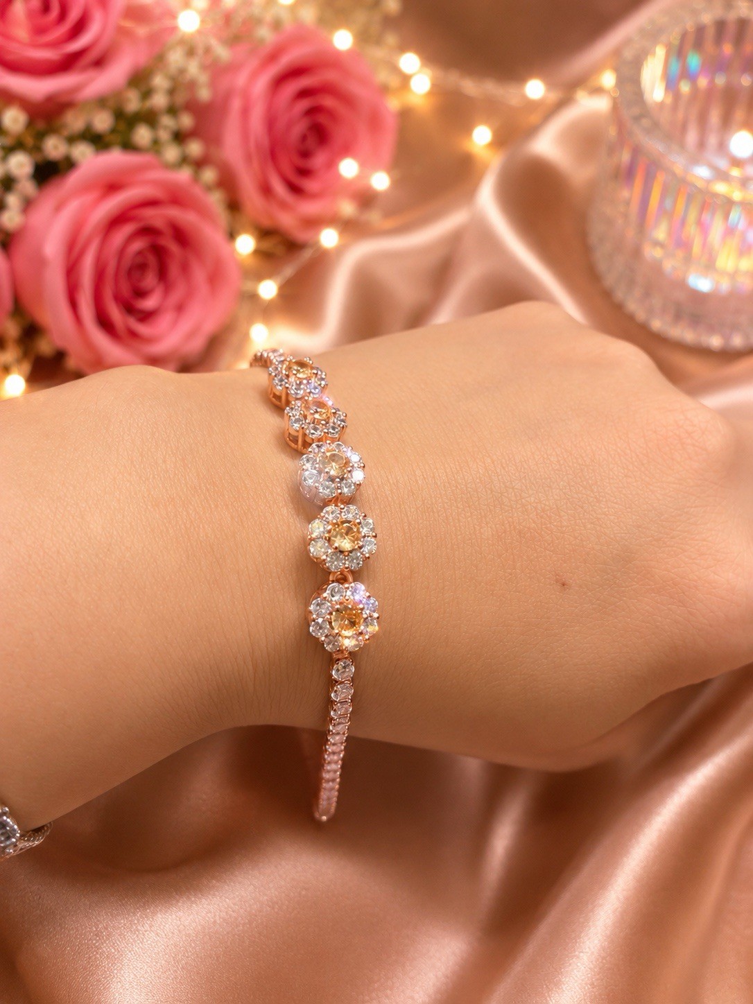 Rose Gold White Crystal Charm Tennis Bracelet Round Link Lobster Adjustable