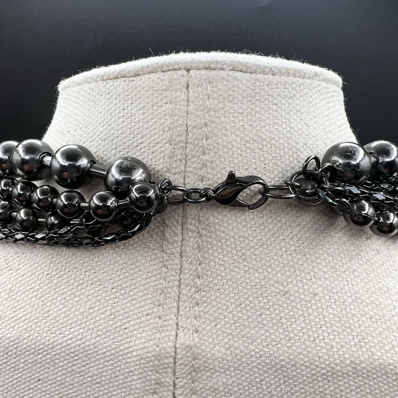 Gunmetal Hematite Multi Strand Layered Bead Necklace Noir Glam Runway Statement