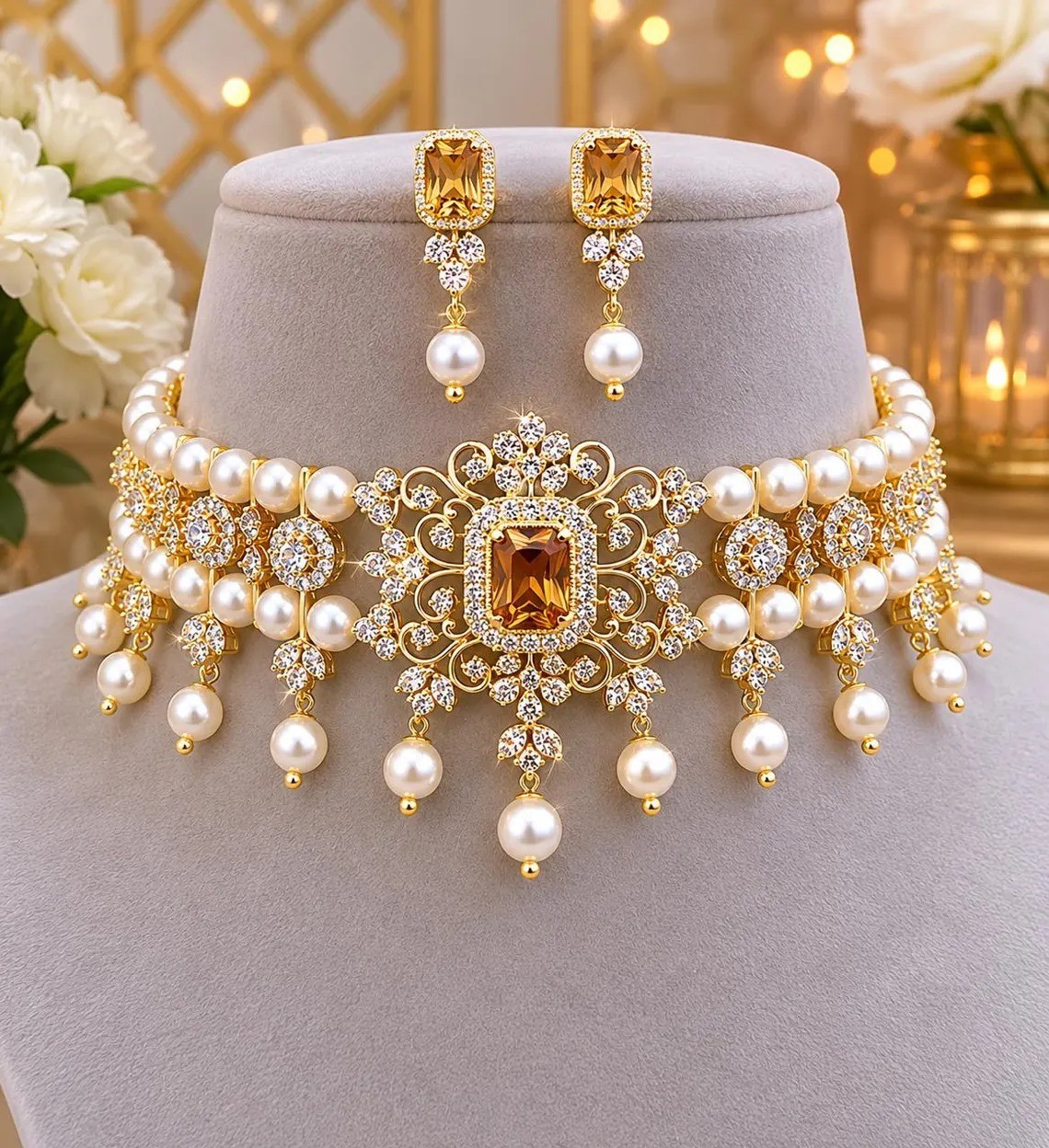 Necklace Set: Indian Wedding Jewelry, Gold Plated , Traditional jewelery