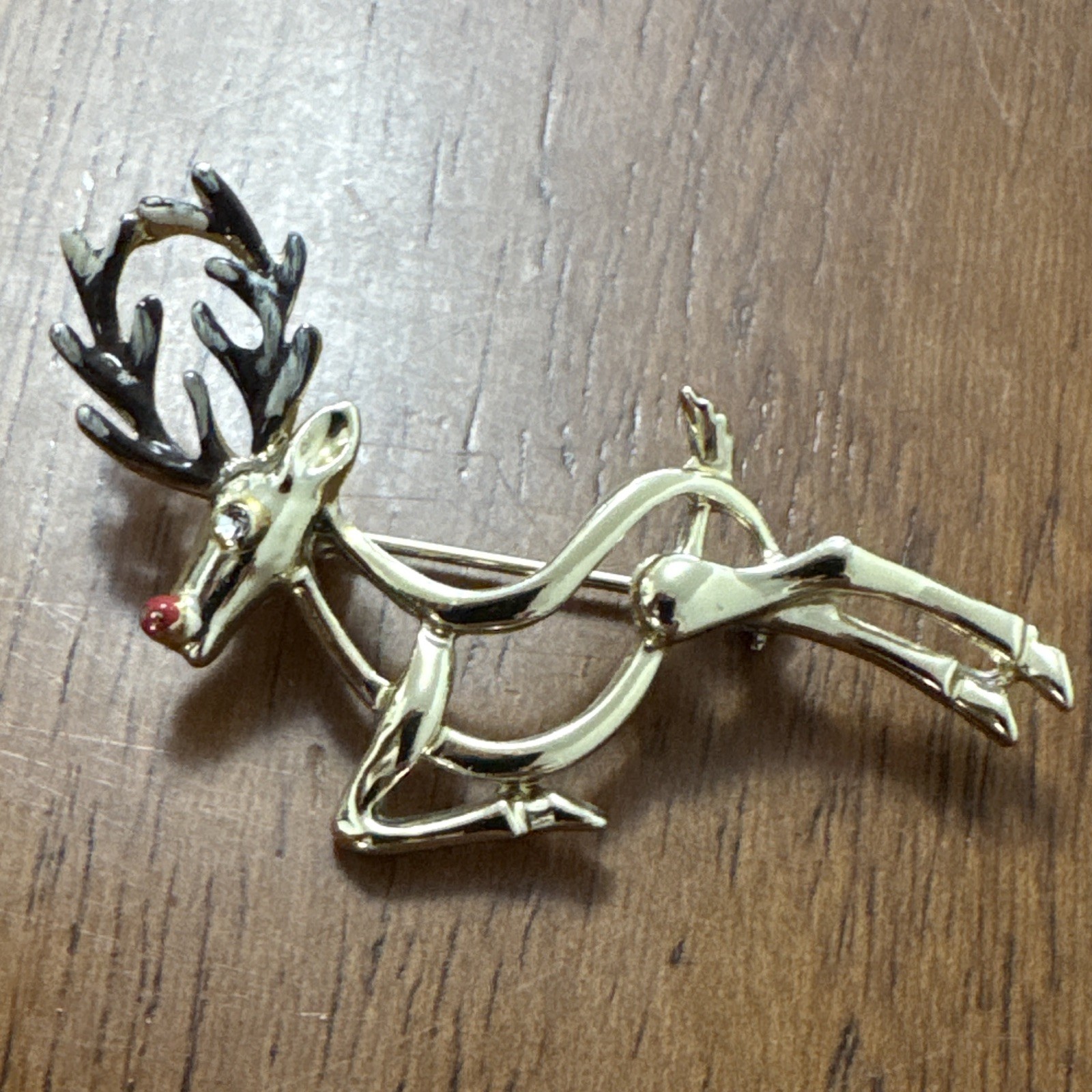 Gold Tone Reindeer Brooch Pin Metal, Black Antlers, Animals & Insects Theme