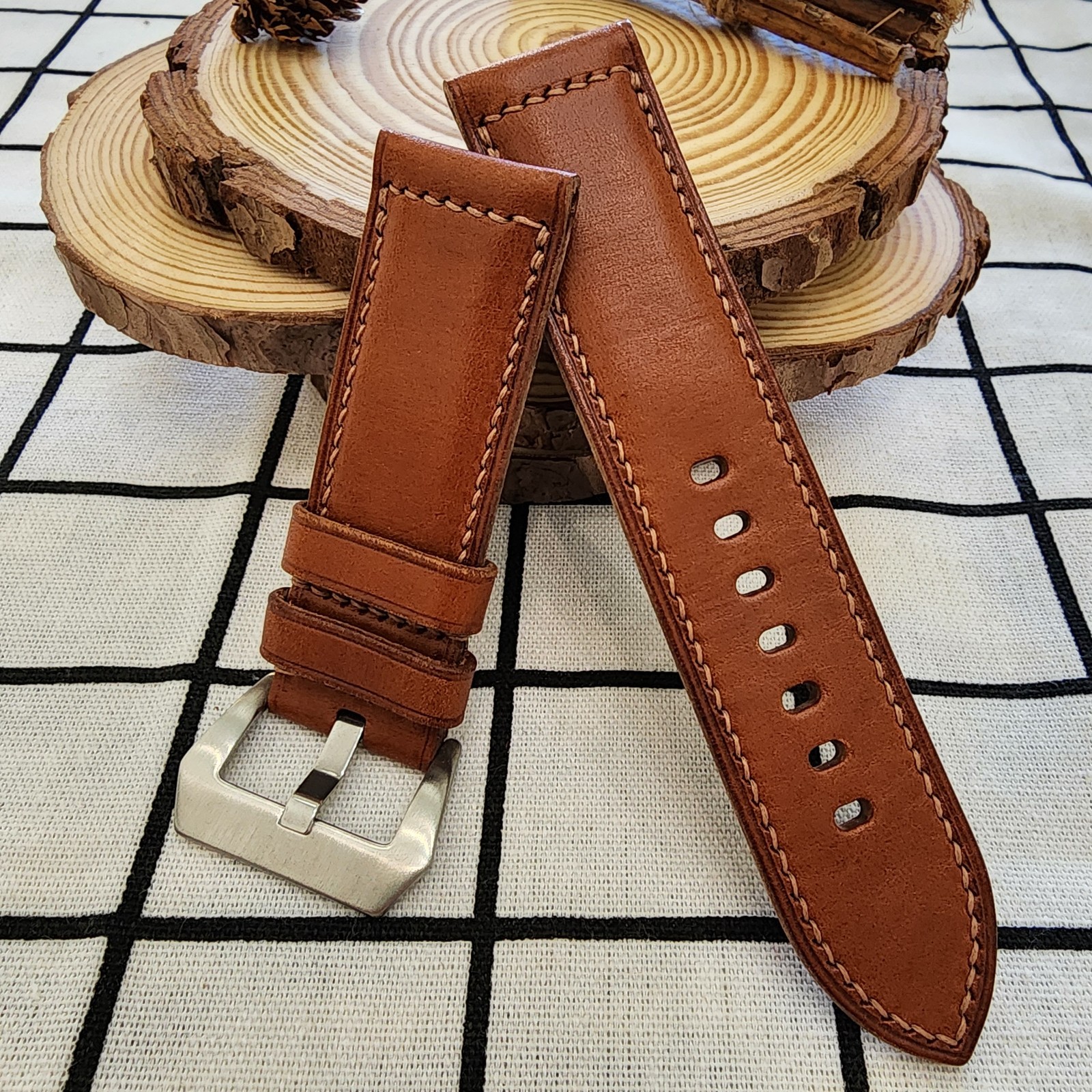 Handmade Vintage Brown Strap Tuscany Fish Oil Tanned Leather Straight 24mm PAM