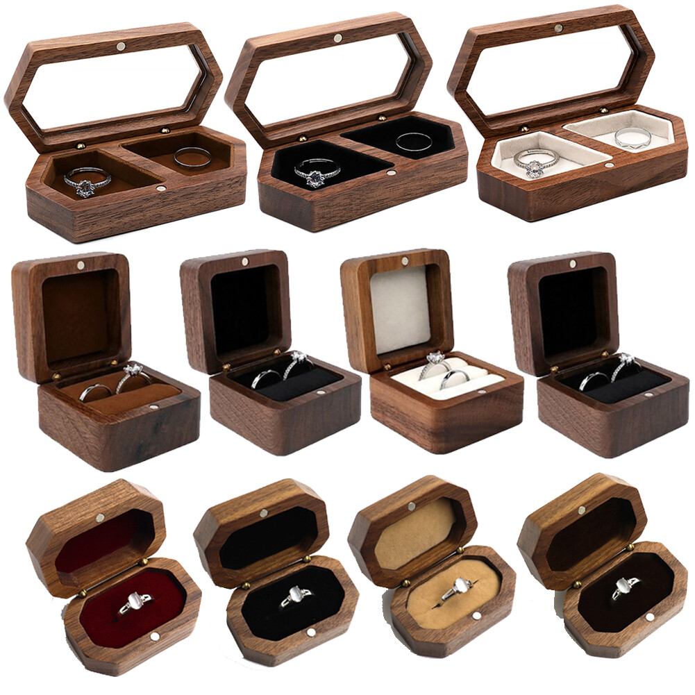Walnut Wood Ring Display Box Plastic clear Crystal Box Jewelry Gems Storage Box