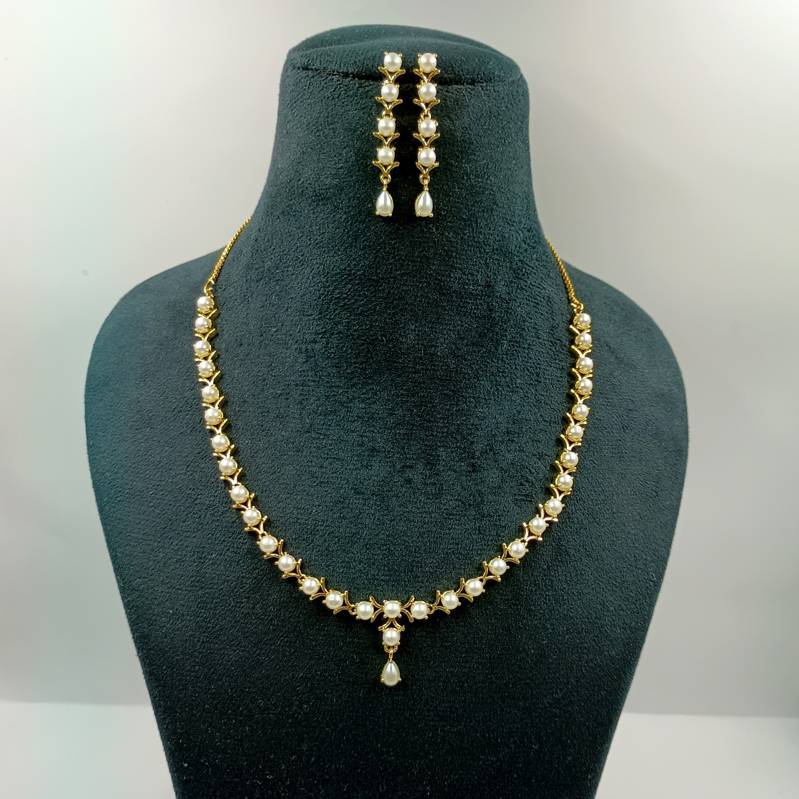 22k Gold Plated Pearl Round Stone Statement Necklace Set Wedding Jewelry Women’s