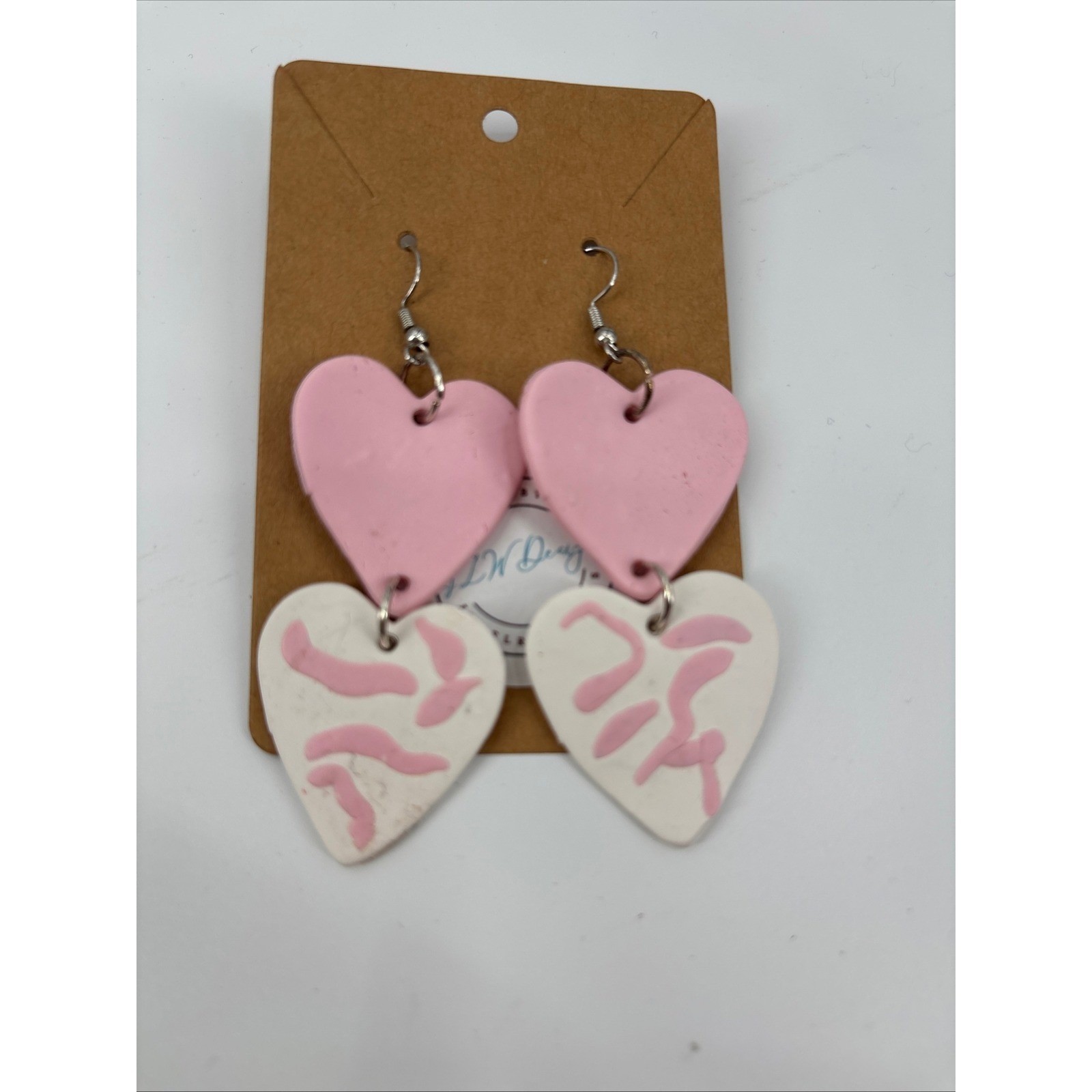 Handmade pink white Heart Dangle polymer clay Earrings Abstract Valentine